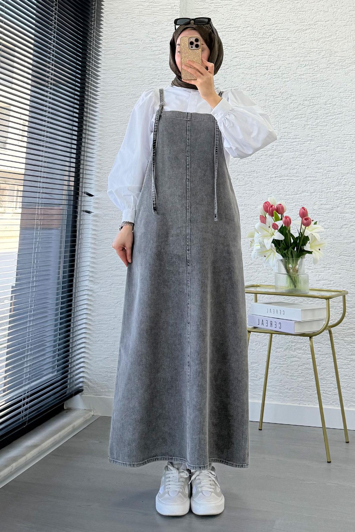 Uzun Denim Kot Salopet Jile Elbise - Gri