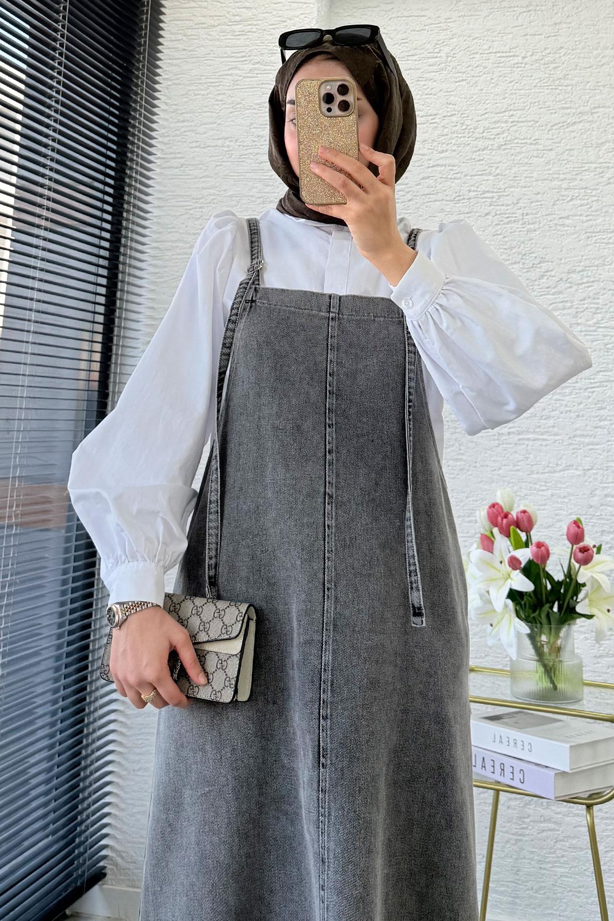 Uzun Denim Kot Salopet Jile Elbise - Gri