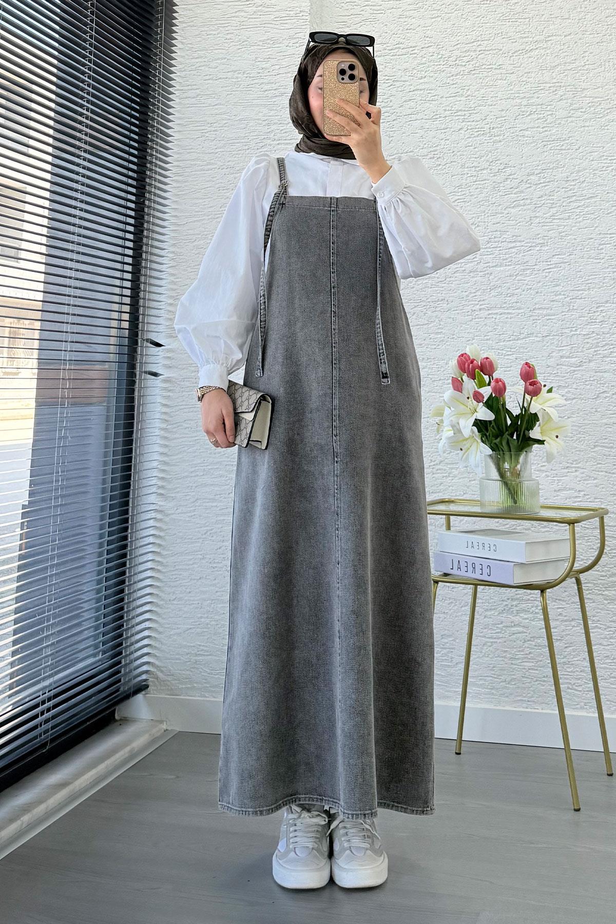 Uzun Denim Kot Salopet Jile Elbise - Gri
