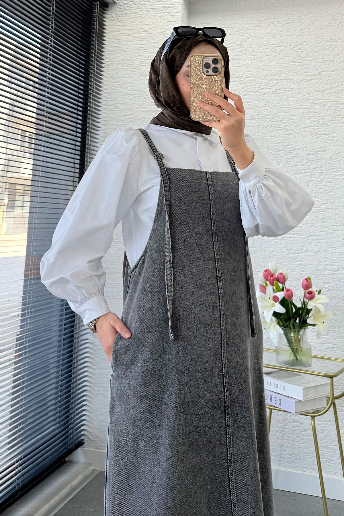 Uzun Denim Kot Salopet Jile Elbise - Gri