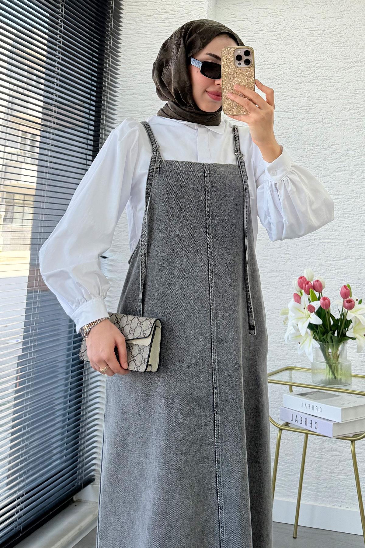 Uzun Denim Kot Salopet Jile Elbise - Gri