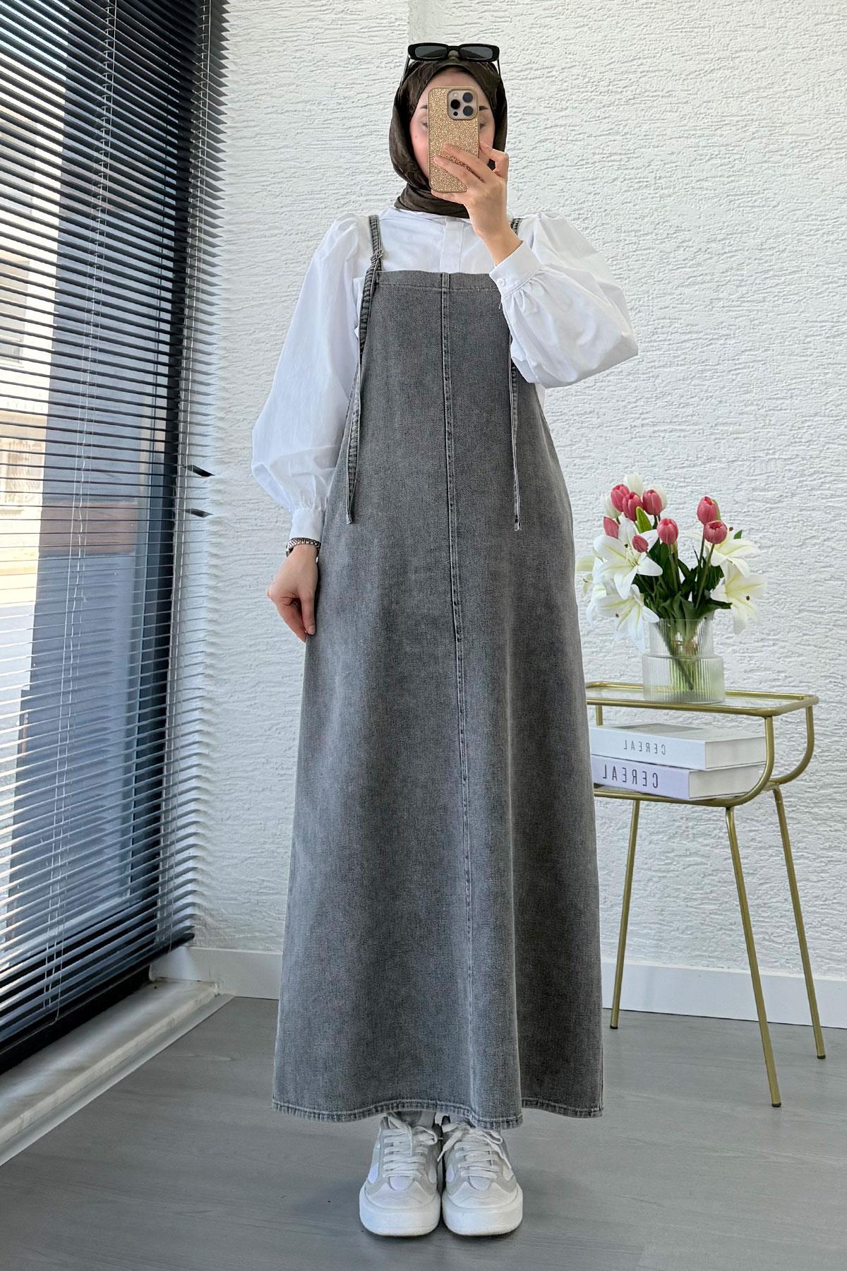 Uzun Denim Kot Salopet Jile Elbise - Gri