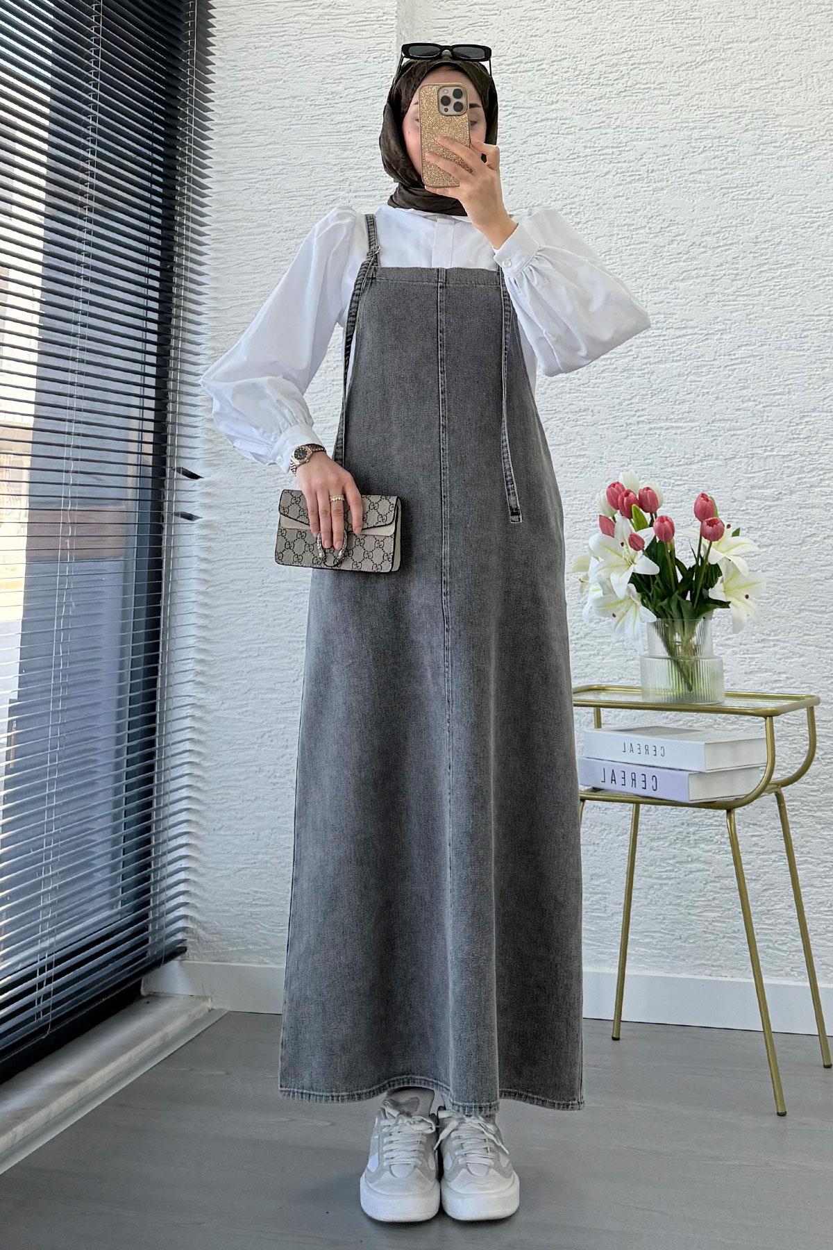 Uzun Denim Kot Salopet Jile Elbise - Gri