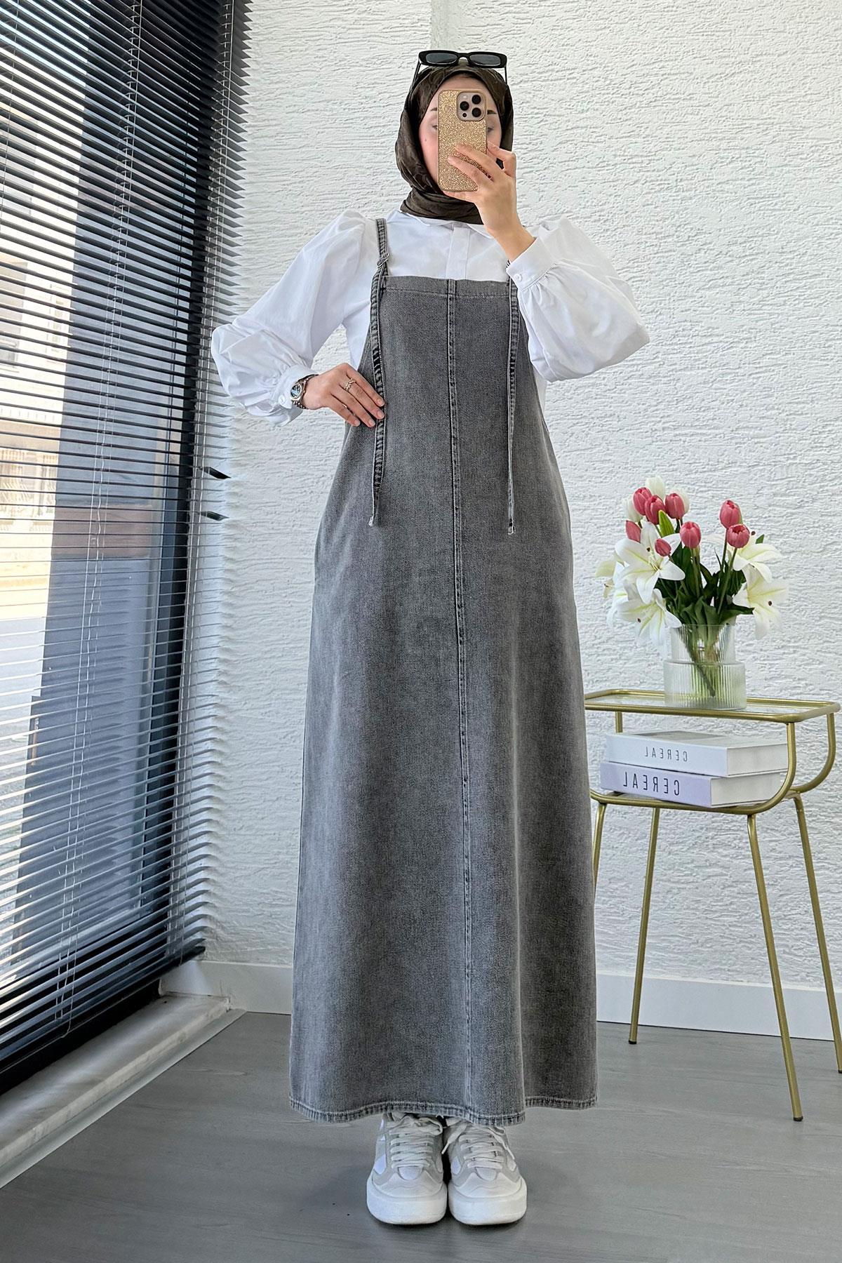 Uzun Denim Kot Salopet Jile Elbise - Gri