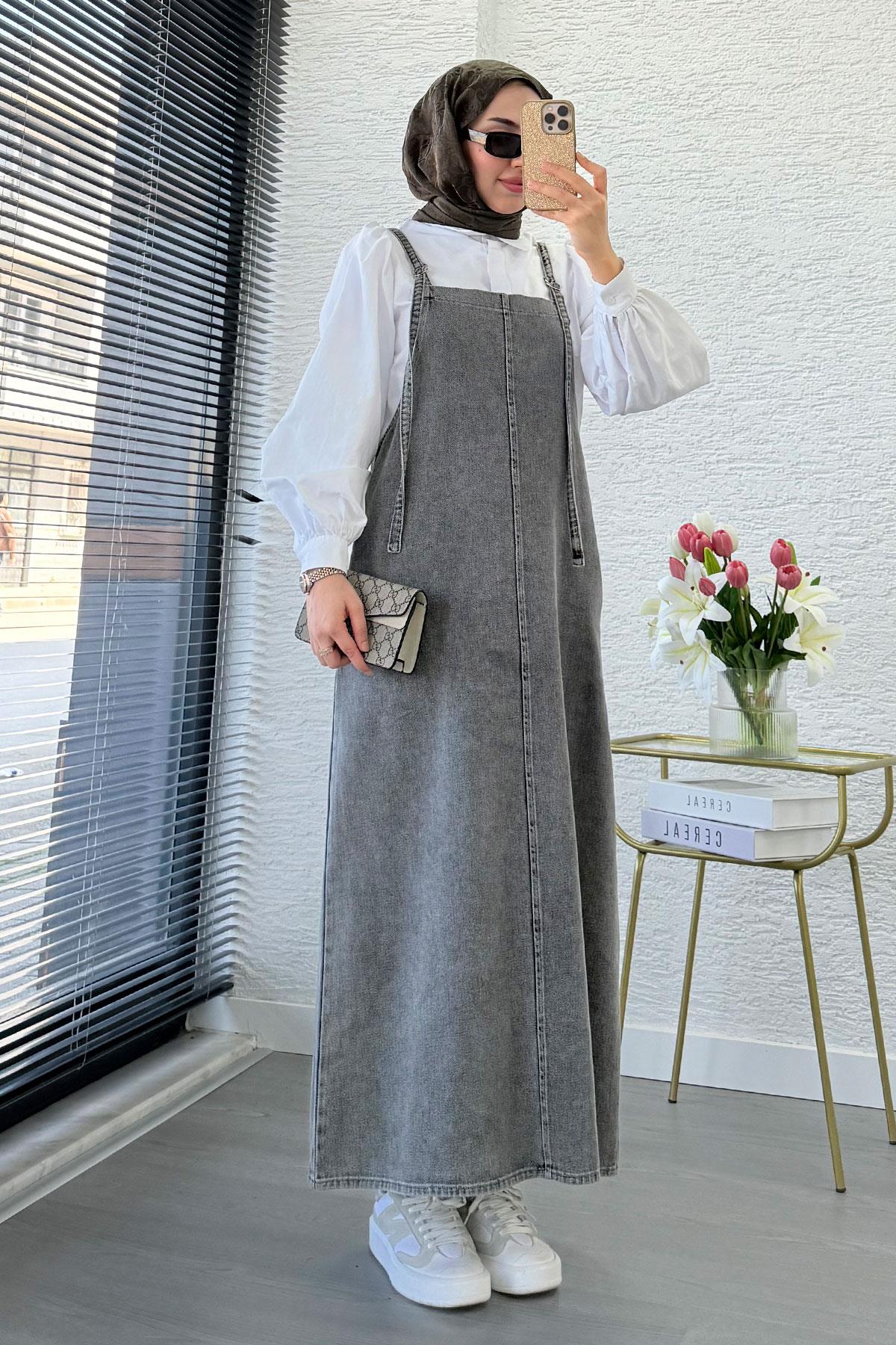 Uzun Denim Kot Salopet Jile Elbise - Gri