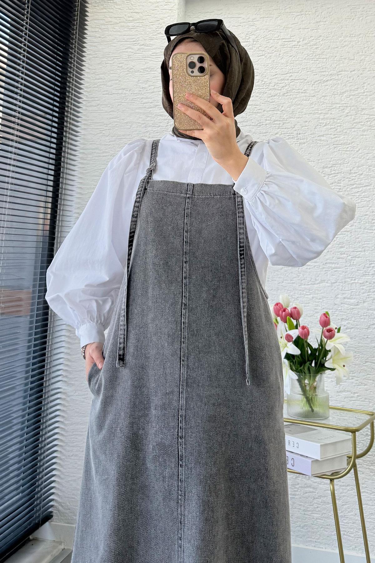 Uzun Denim Kot Salopet Jile Elbise - Gri