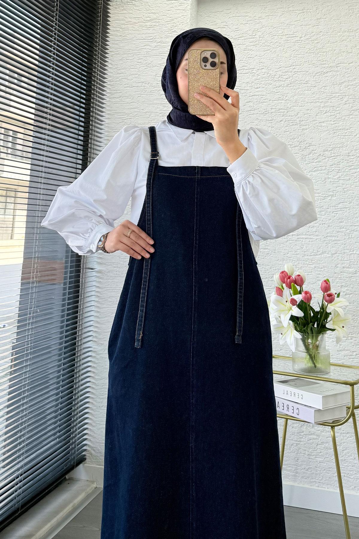Uzun Denim Kot Salopet Jile Elbise - Koyu Mavi
