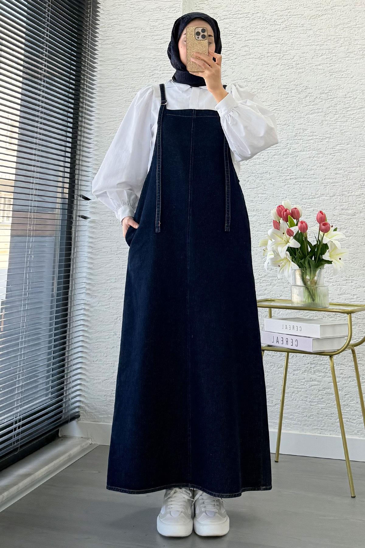 Uzun Denim Kot Salopet Jile Elbise - Koyu Mavi