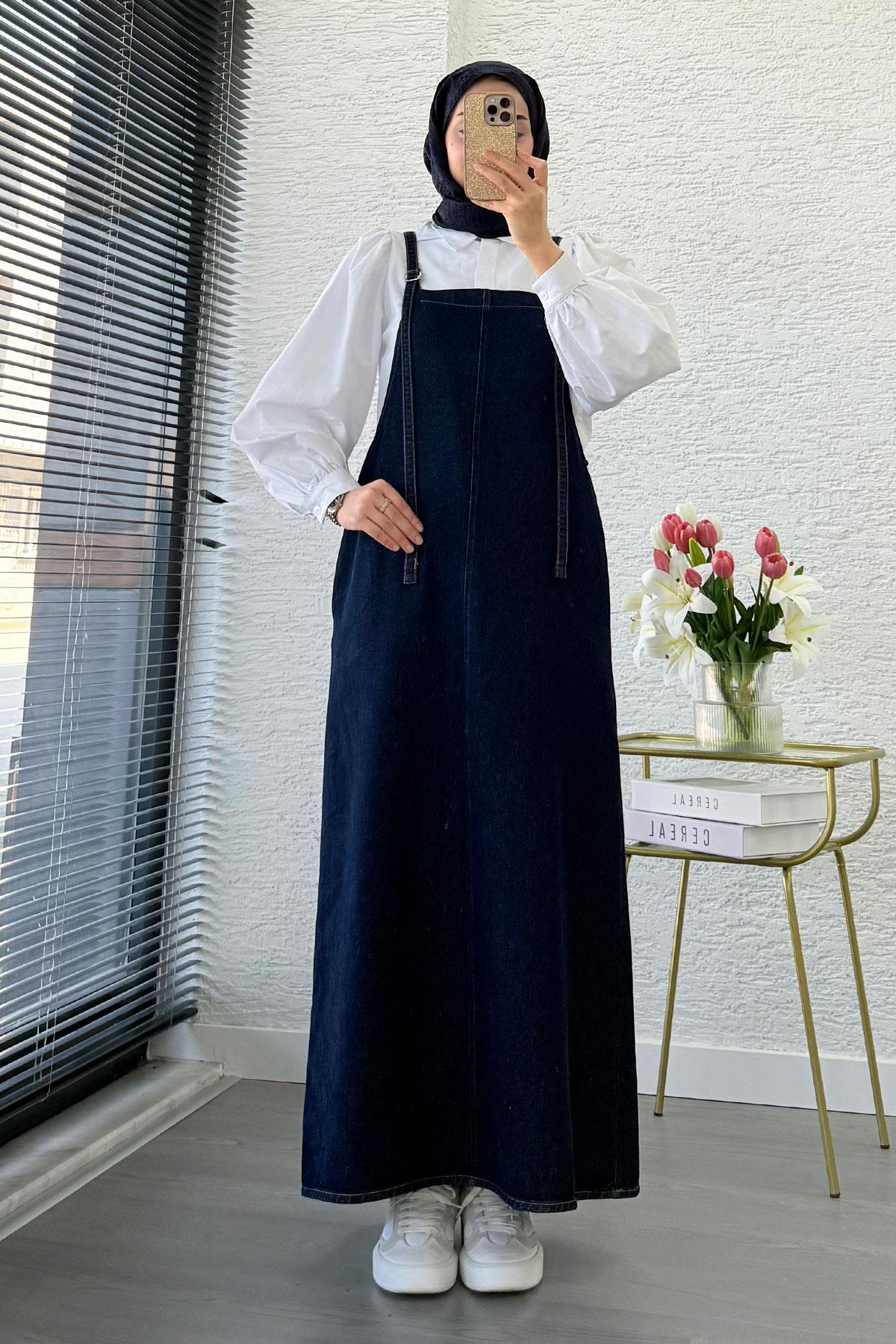 Uzun Denim Kot Salopet Jile Elbise - Koyu Mavi