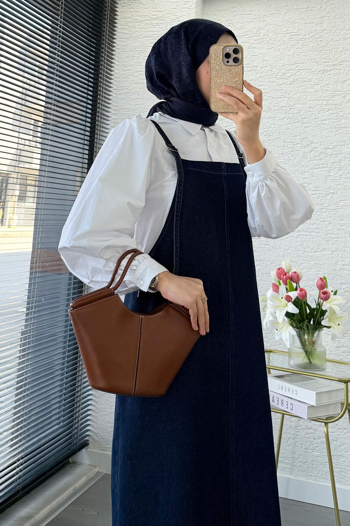 Uzun Denim Kot Salopet Jile Elbise - Koyu Mavi