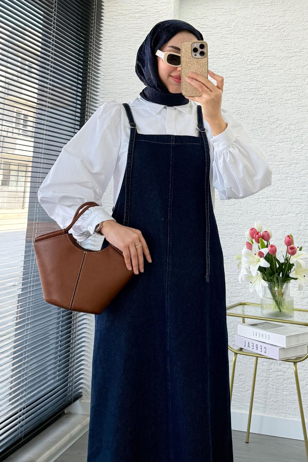 Uzun Denim Kot Salopet Jile Elbise - Koyu Mavi