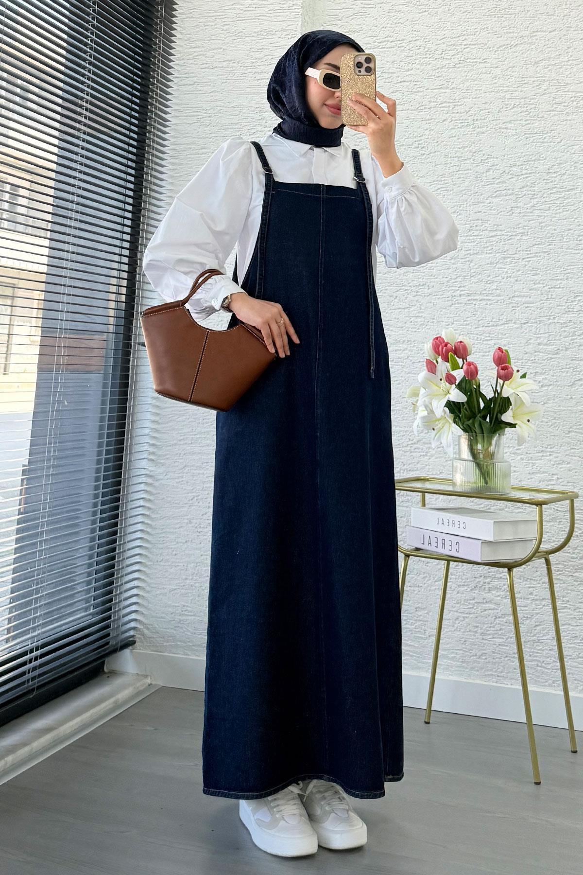 Uzun Denim Kot Salopet Jile Elbise - Koyu Mavi