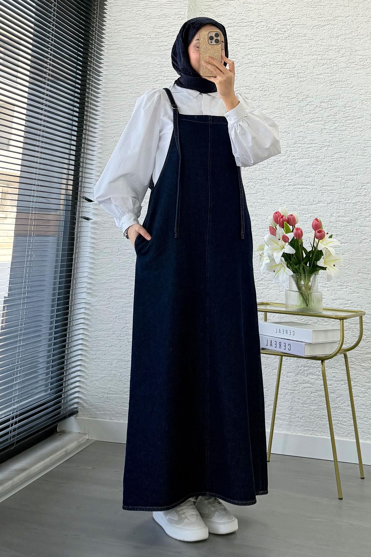 Uzun Denim Kot Salopet Jile Elbise - Koyu Mavi