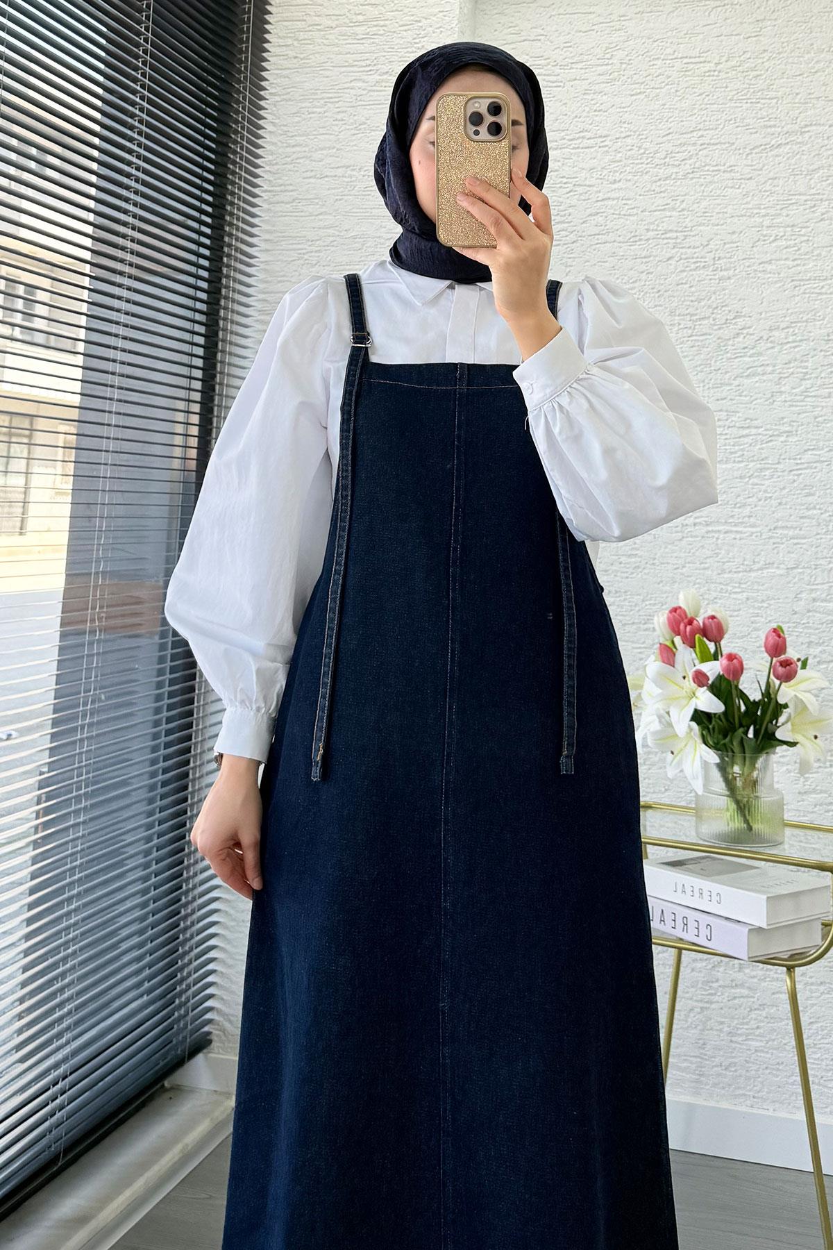 Uzun Denim Kot Salopet Jile Elbise - Koyu Mavi