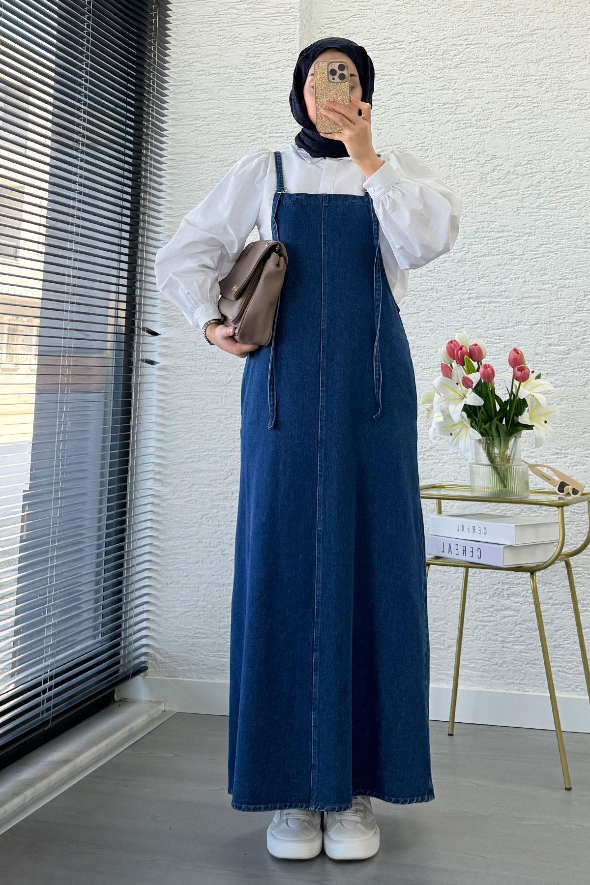 Uzun Denim Kot Salopet Jile Elbise - Mavi