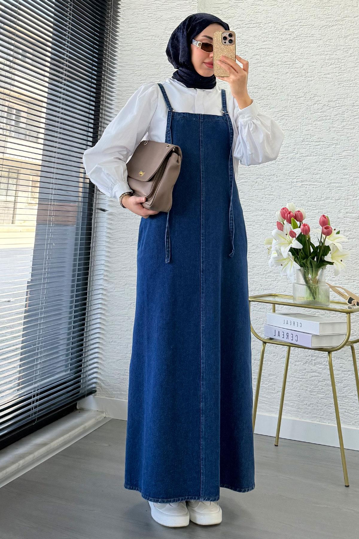 Uzun Denim Kot Salopet Jile Elbise - Mavi