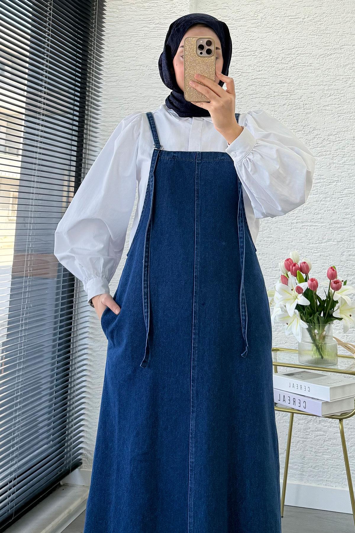 Uzun Denim Kot Salopet Jile Elbise - Mavi