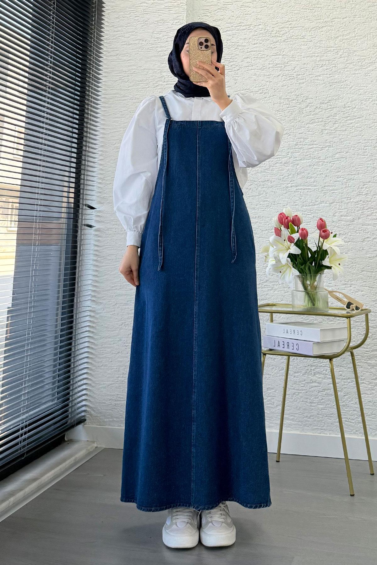 Uzun Denim Kot Salopet Jile Elbise - Mavi