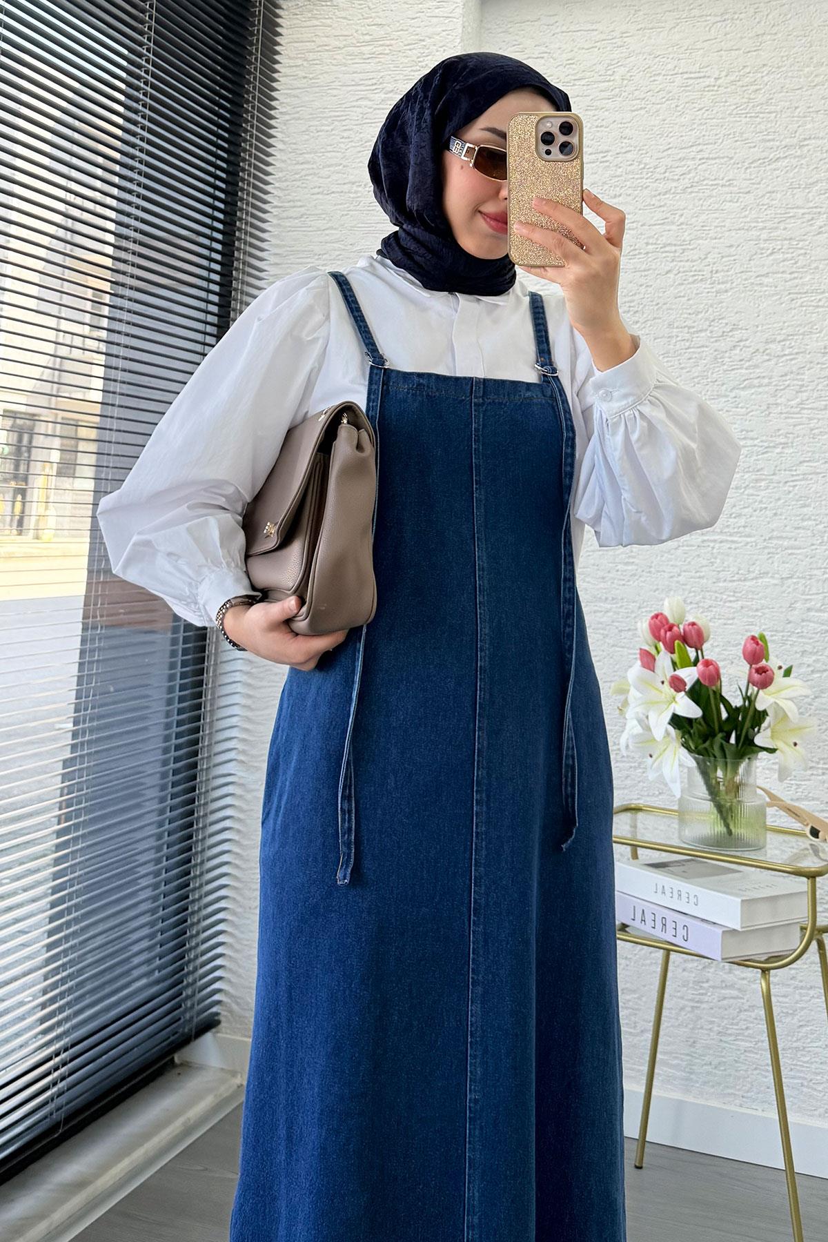 Uzun Denim Kot Salopet Jile Elbise - Mavi
