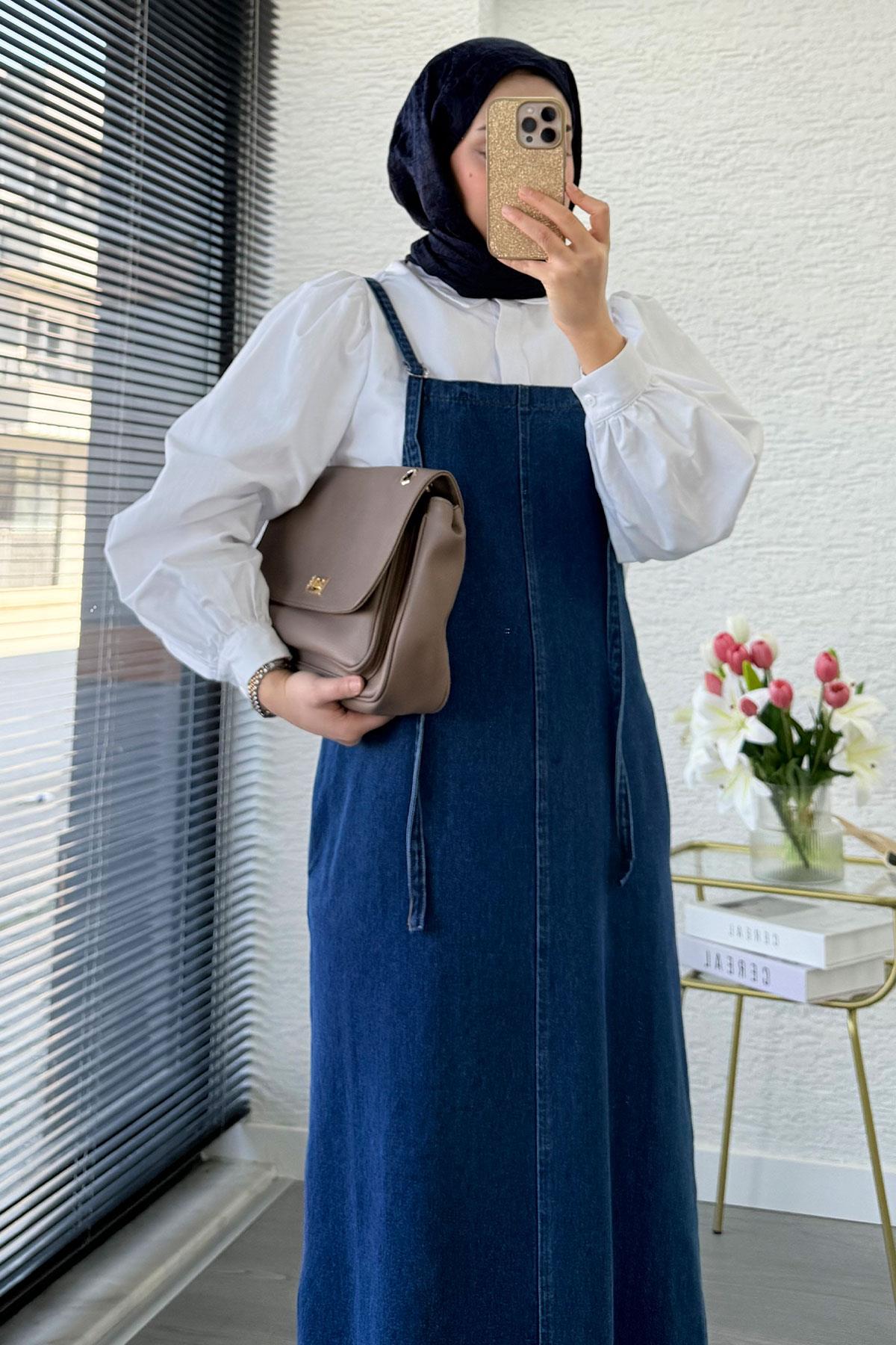 Uzun Denim Kot Salopet Jile Elbise - Mavi