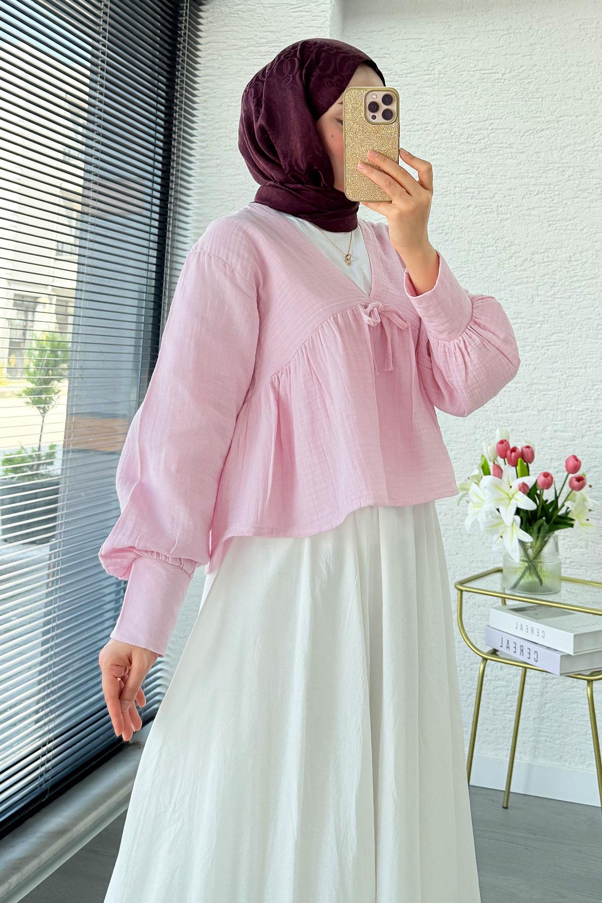 V Yaka Bel Büzgülü Müslin Bluz – Pembe