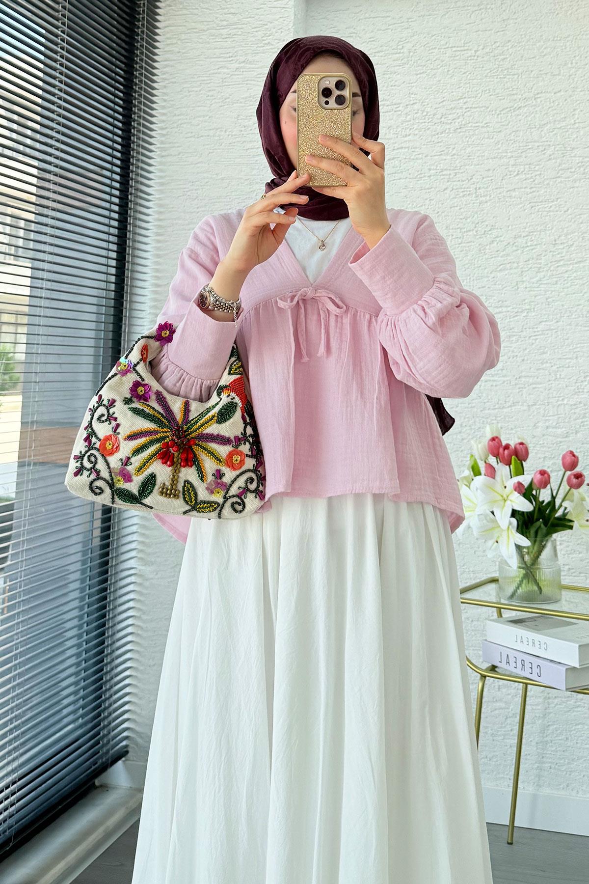 V Yaka Bel Büzgülü Müslin Bluz – Pembe
