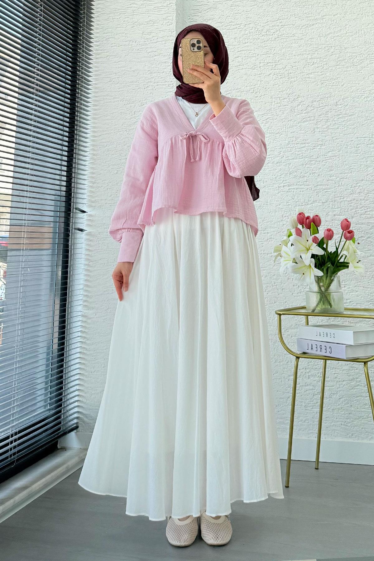 V Yaka Bel Büzgülü Müslin Bluz – Pembe