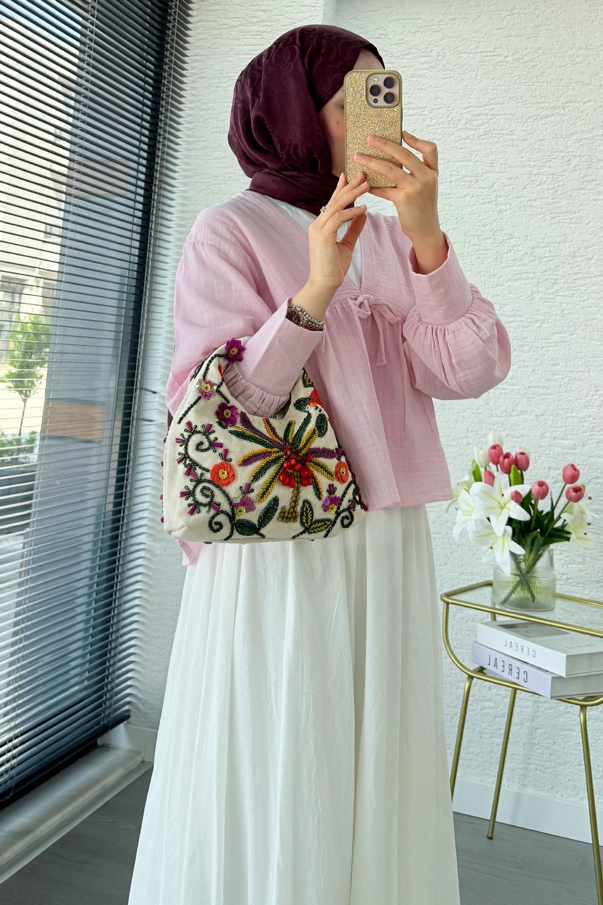 V Yaka Bel Büzgülü Müslin Bluz – Pembe