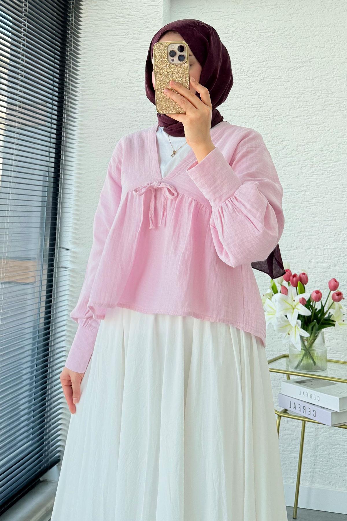 V Yaka Bel Büzgülü Müslin Bluz – Pembe