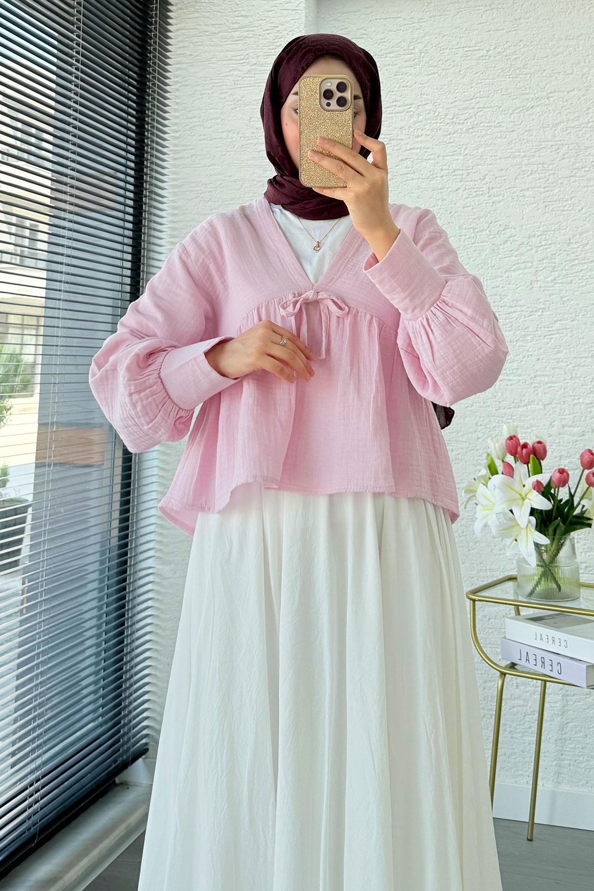 V Yaka Bel Büzgülü Müslin Bluz – Pembe
