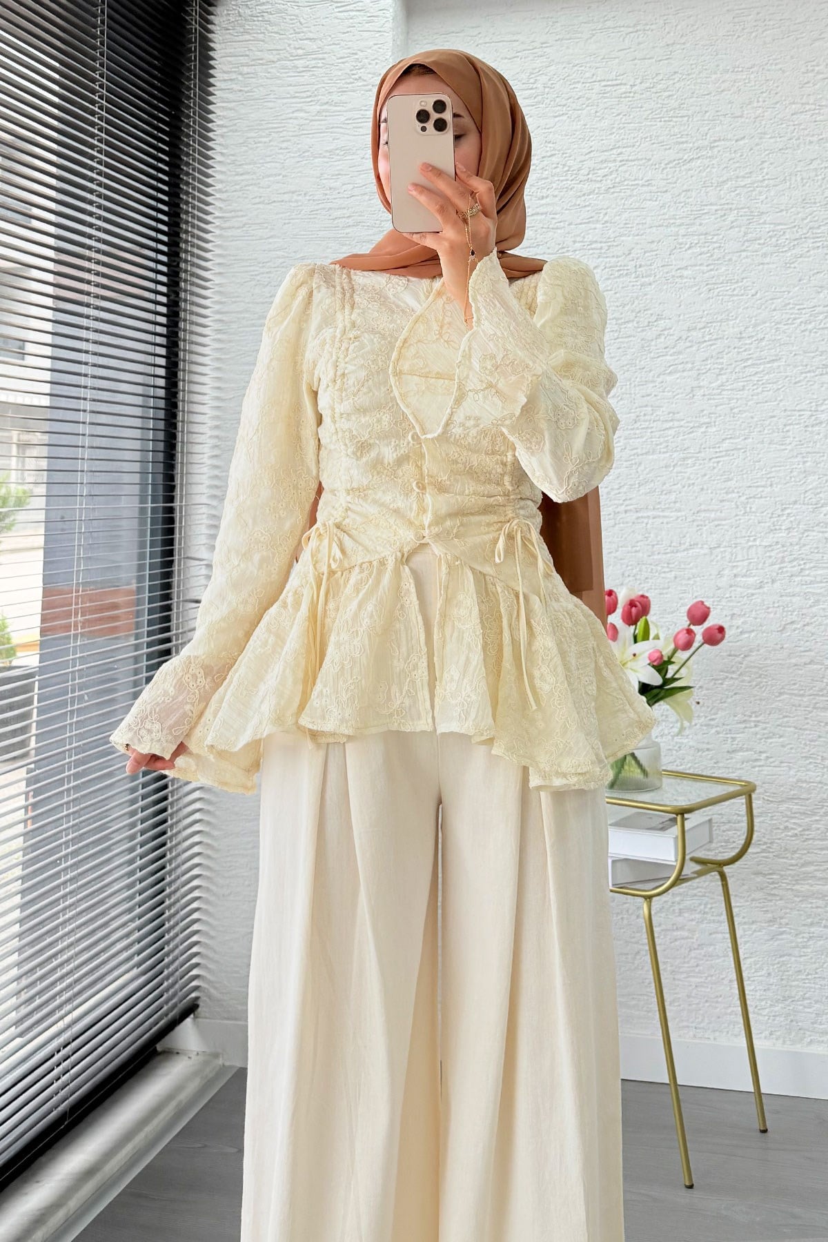 Vintage Dantel Dokulu İthal Coton Bluz - Bej