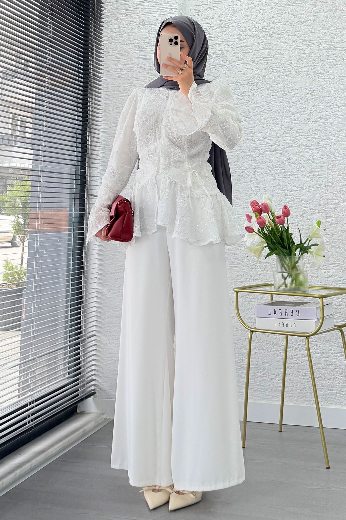 Vintage Dantel Dokulu İthal Coton Bluz - Beyaz