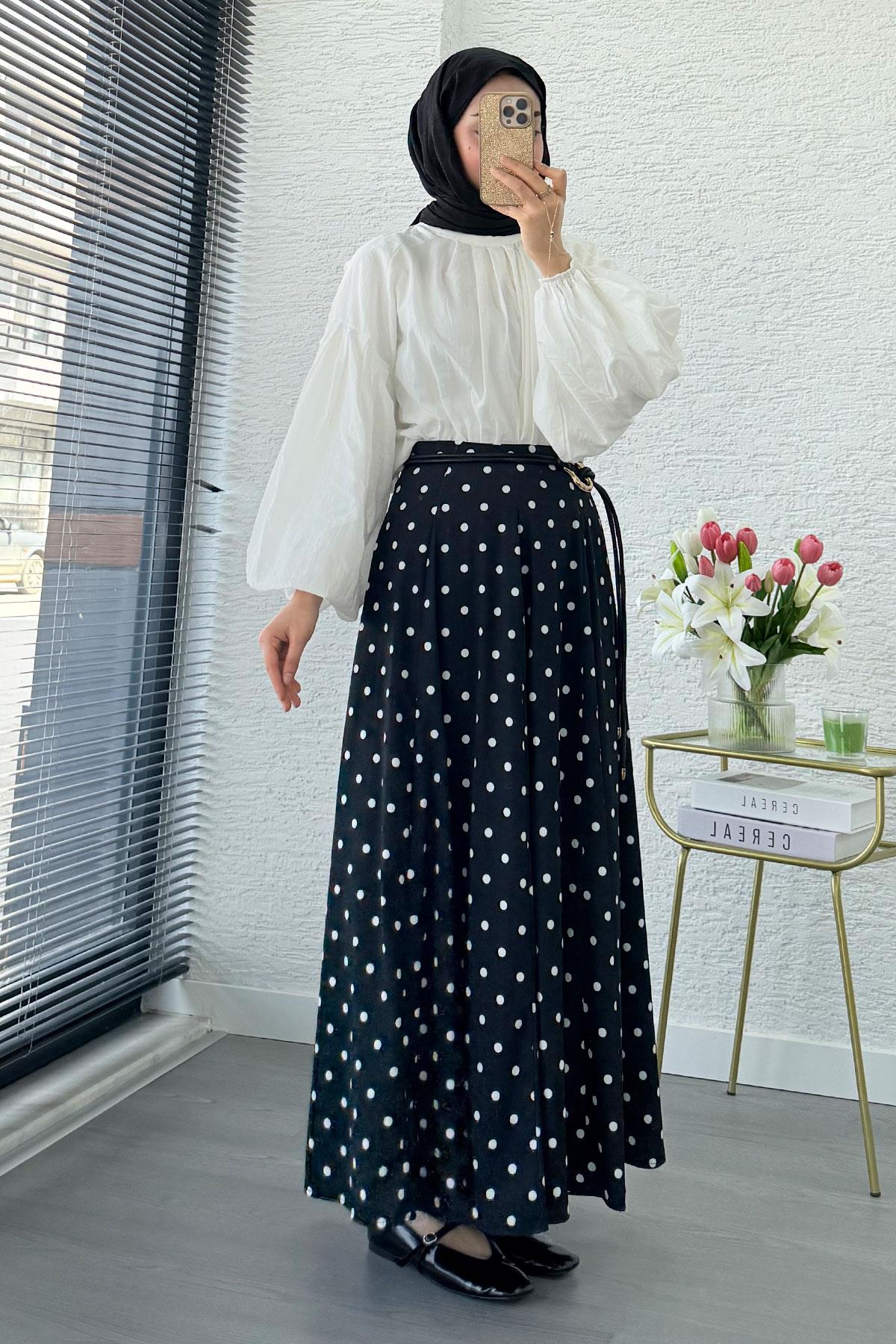 Vintage Puantiye Desenli Yüksek Bel Flare Etek - Siyah
