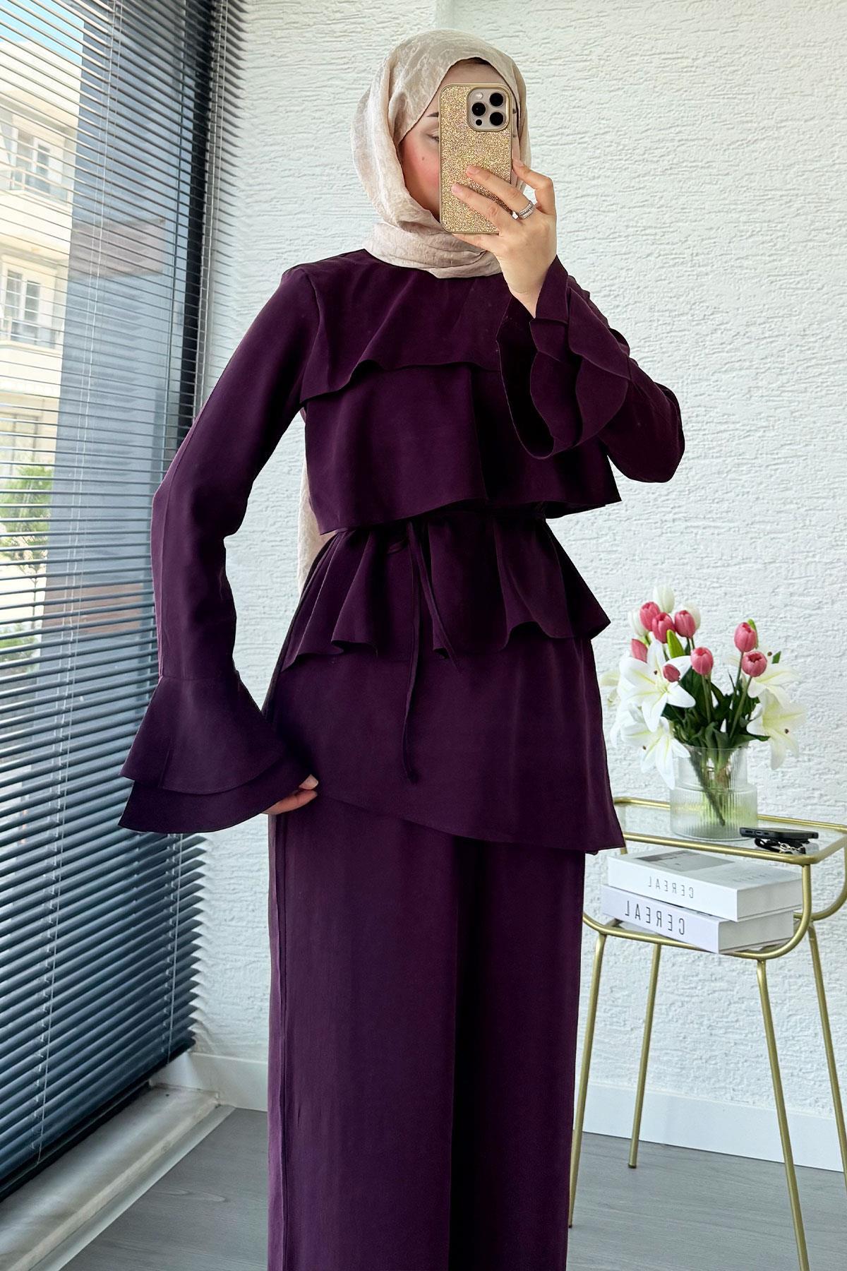 Volan Katlı Eliz Modal İkili Takım – Mürdüm