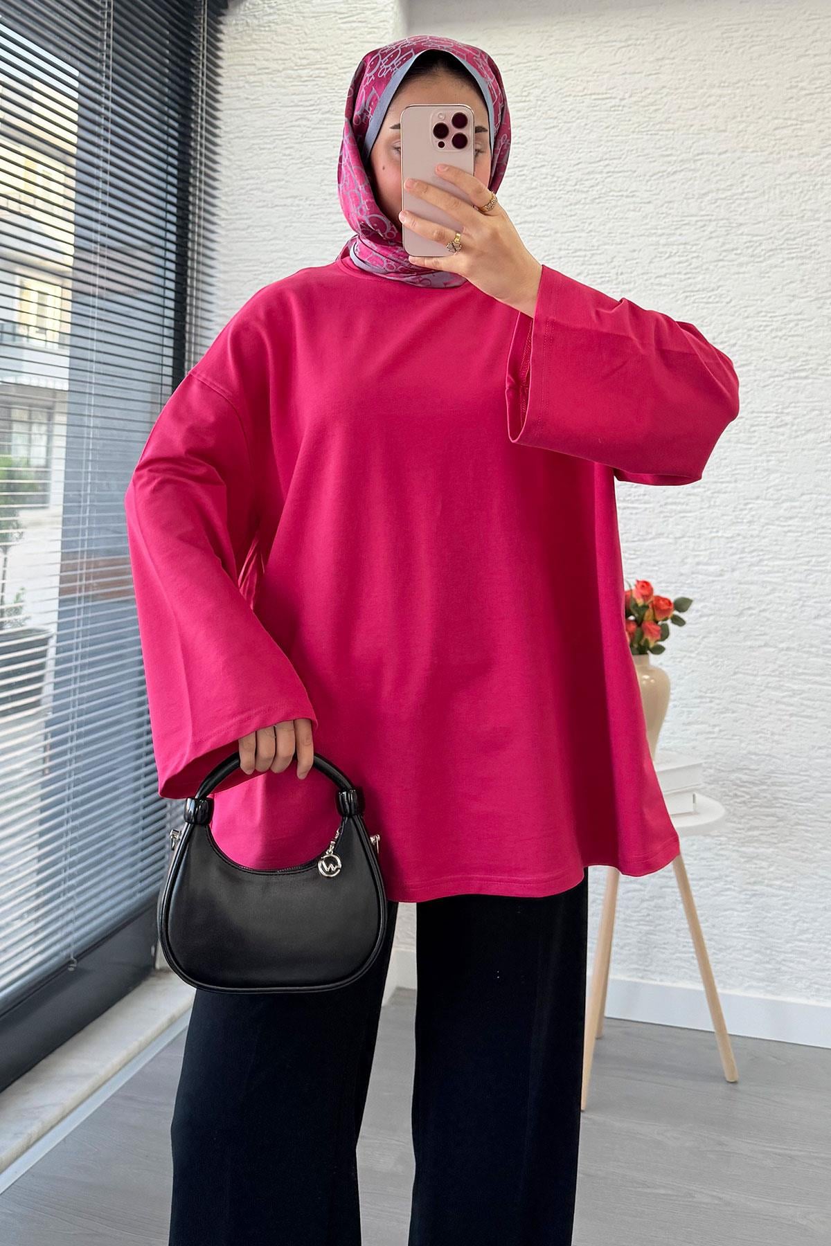 Volan Kol Basic Oversize Tunik – Fuşya