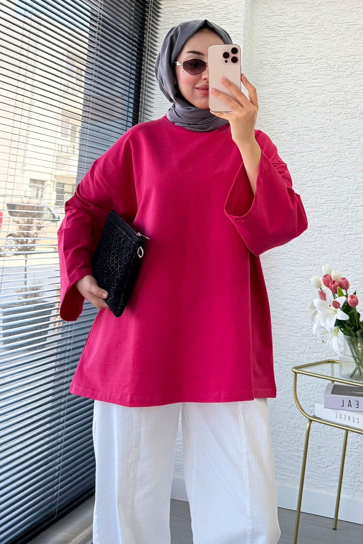 Volan Kol Basic Oversize Tunik – Fuşya