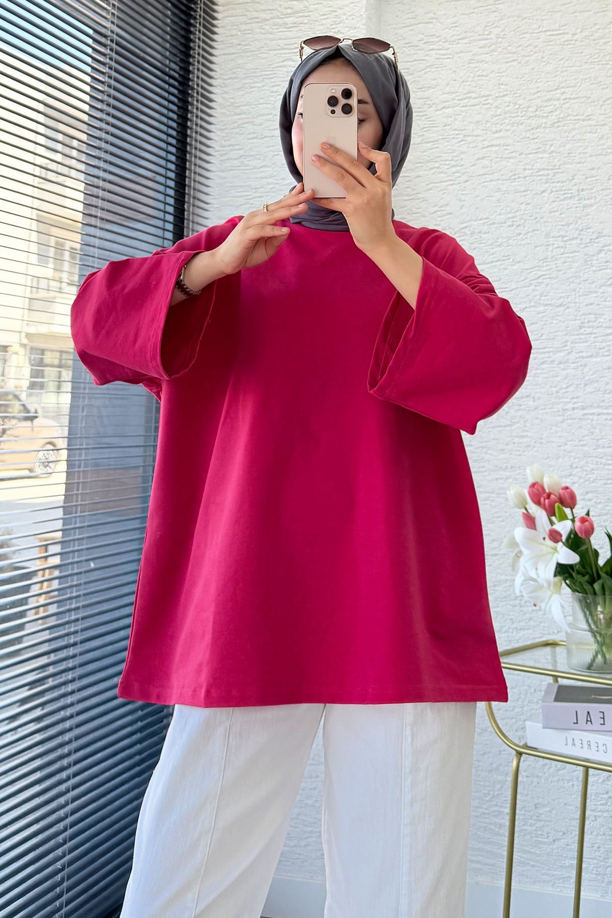 Volan Kol Basic Oversize Tunik – Fuşya