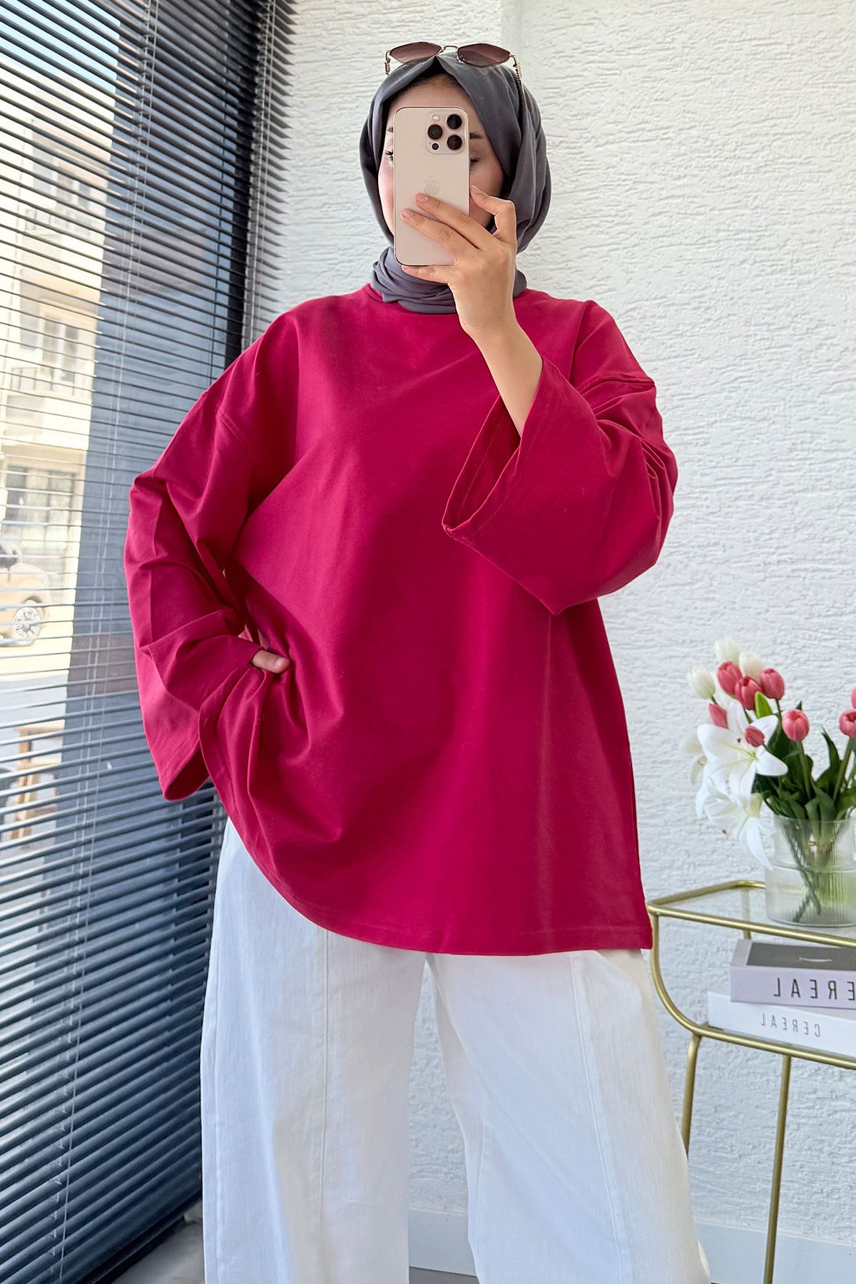 Volan Kol Basic Oversize Tunik – Fuşya