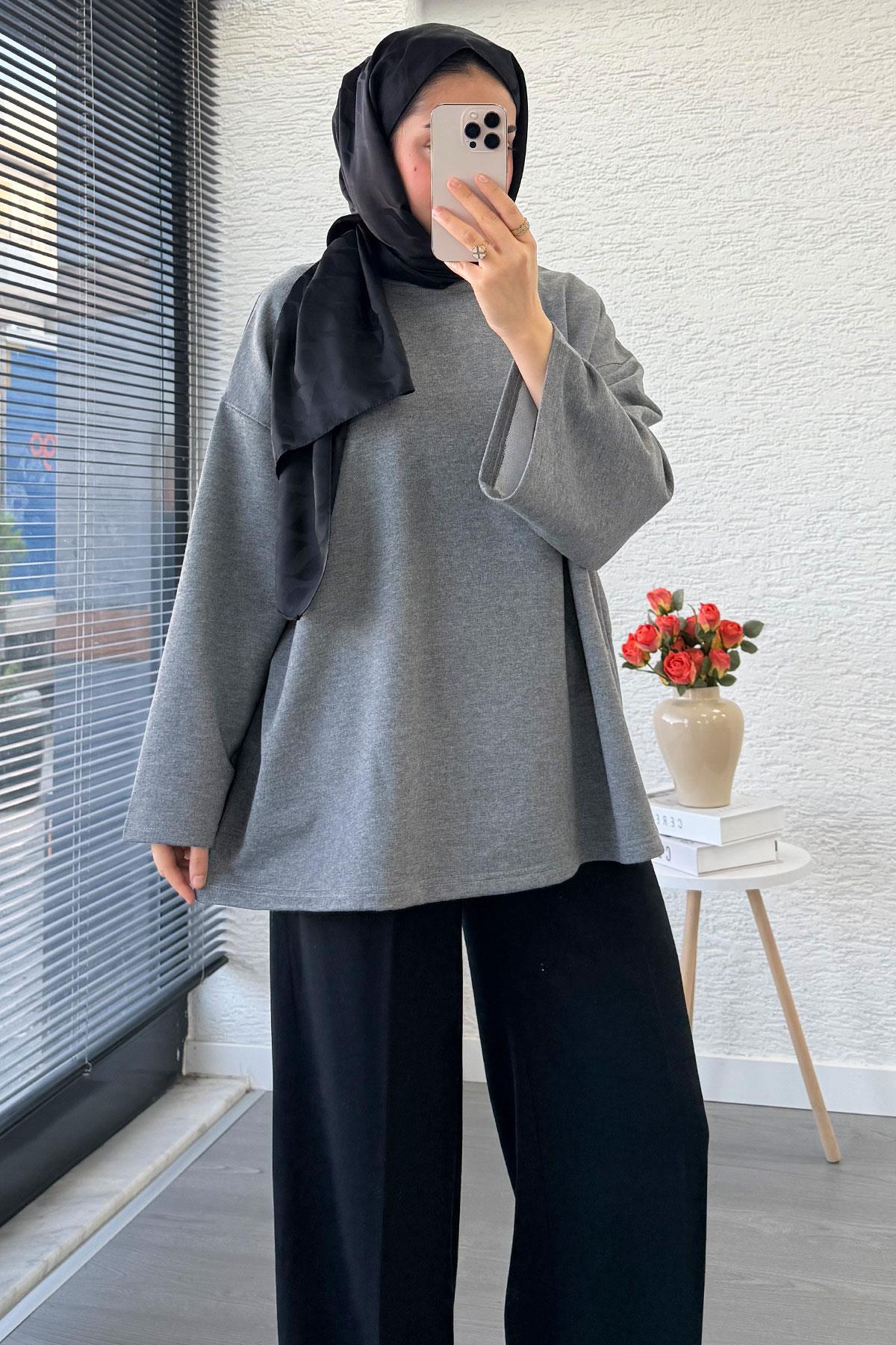 Volan Kol Basic Oversize Tunik – Gri