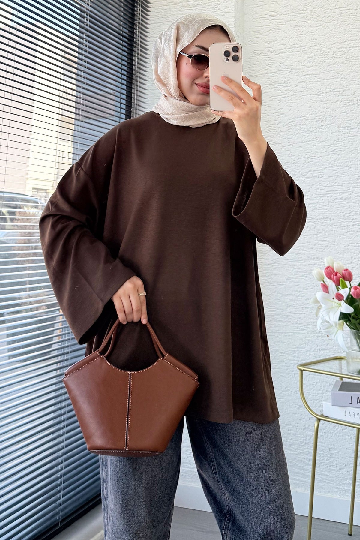 Volan Kol Basic Oversize Tunik – Kahverengi