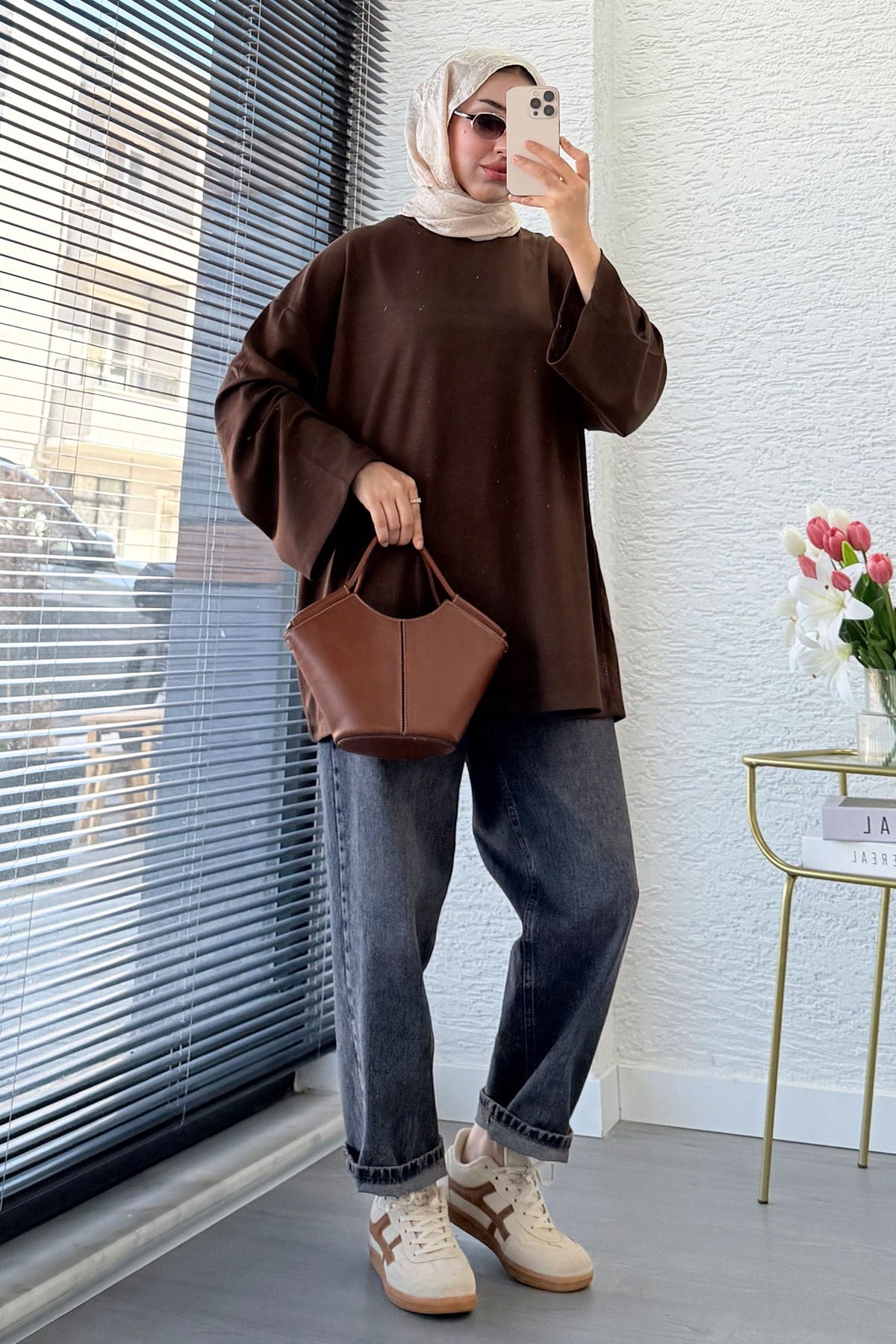 Volan Kol Basic Oversize Tunik – Kahverengi
