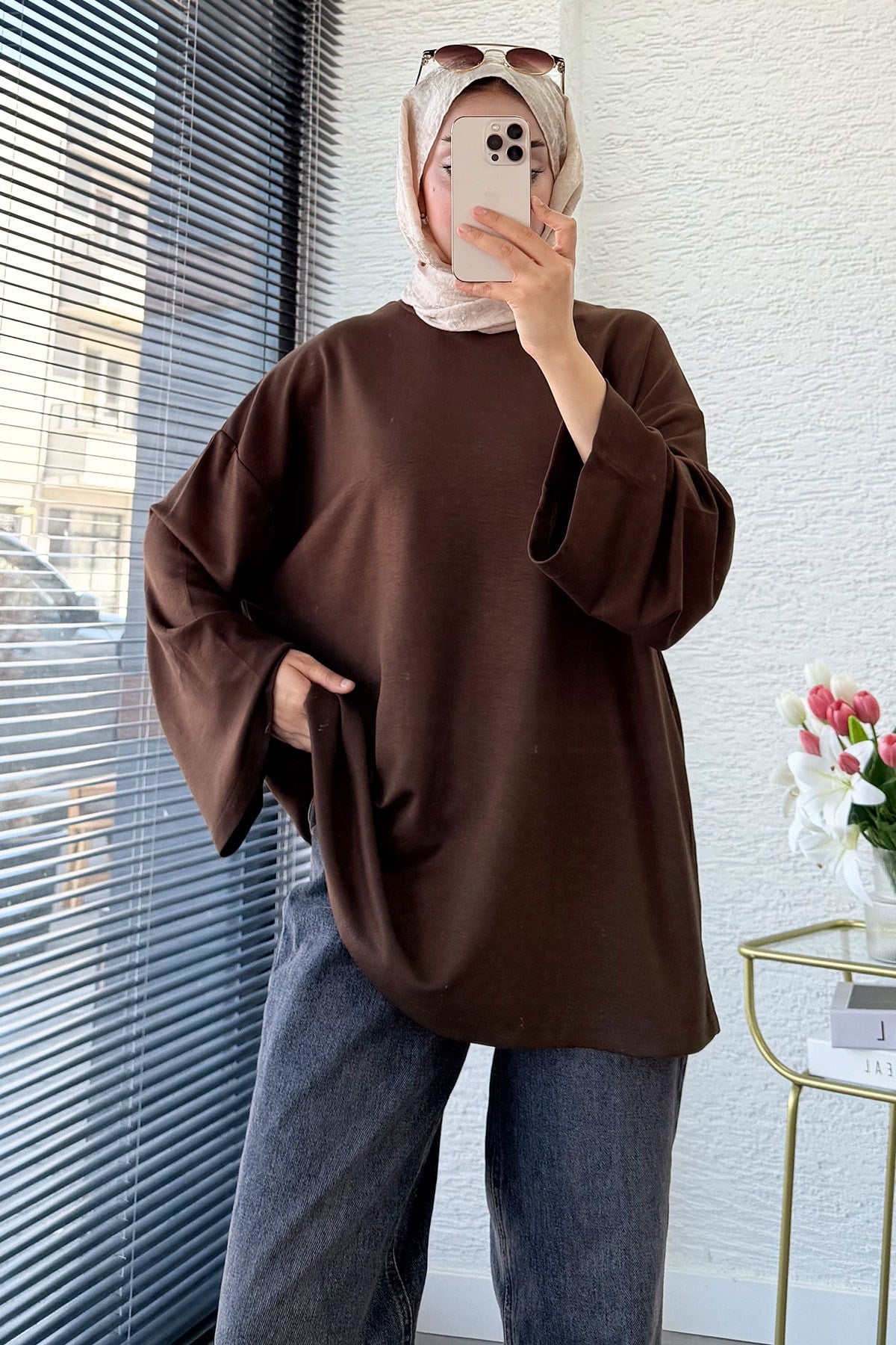 Volan Kol Basic Oversize Tunik – Kahverengi