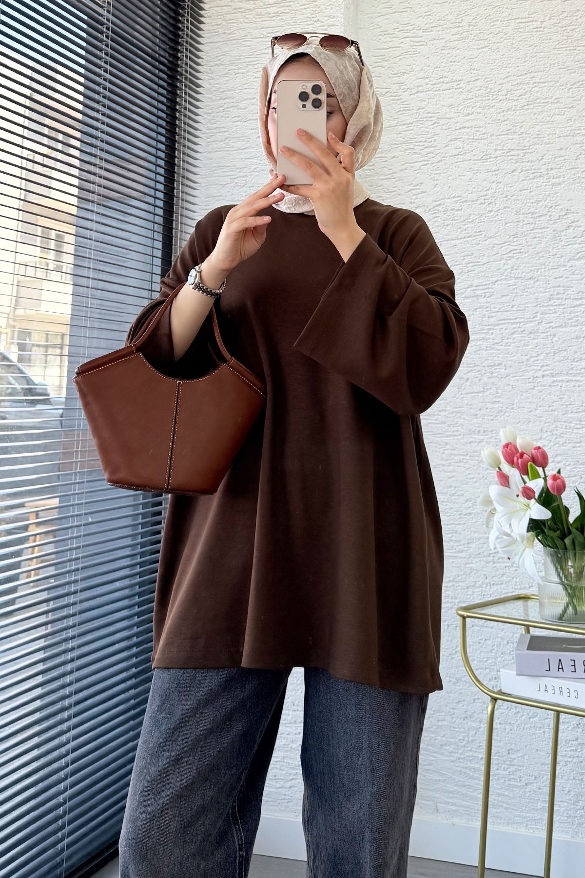 Volan Kol Basic Oversize Tunik – Kahverengi