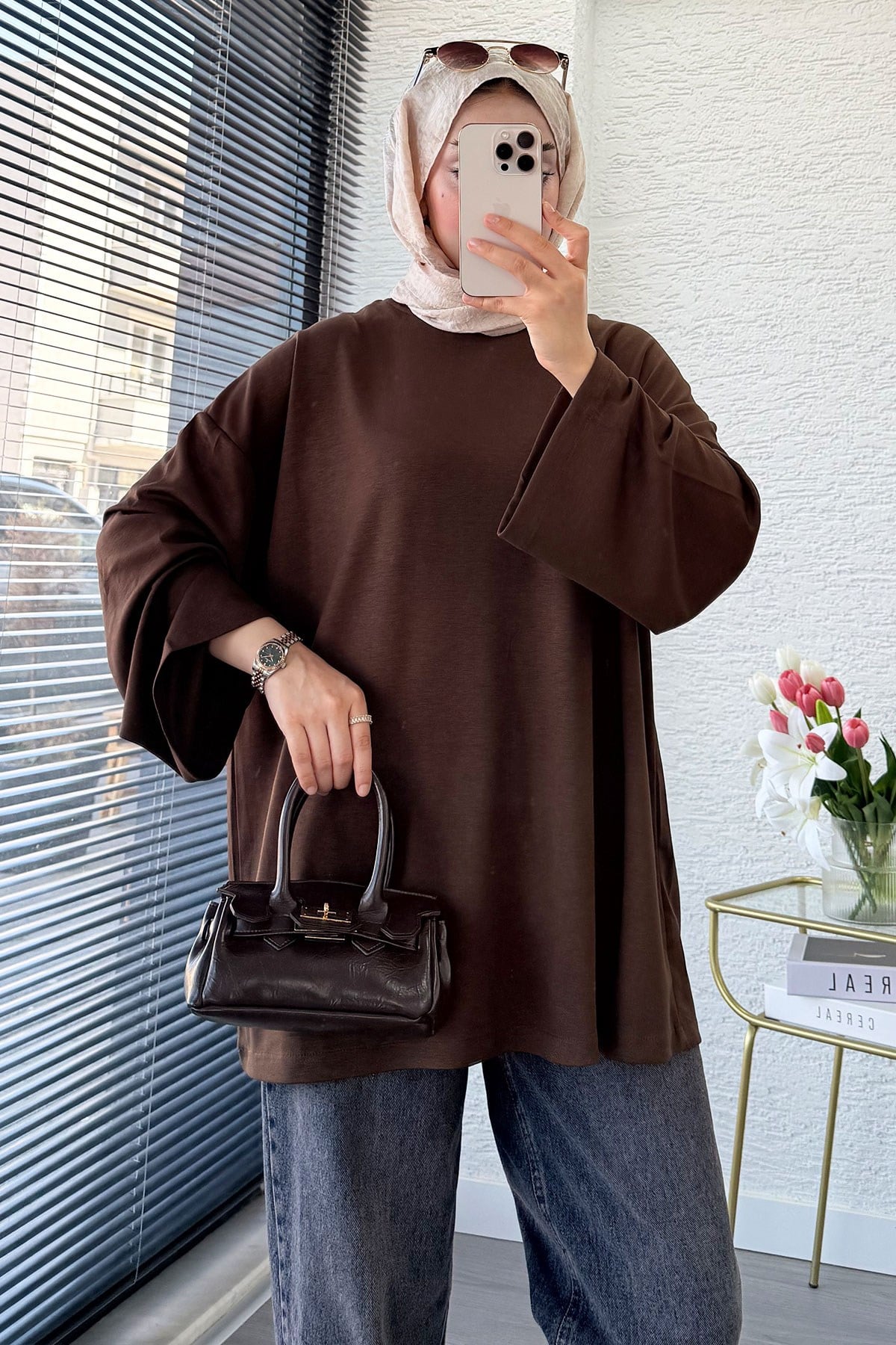 Volan Kol Basic Oversize Tunik – Kahverengi