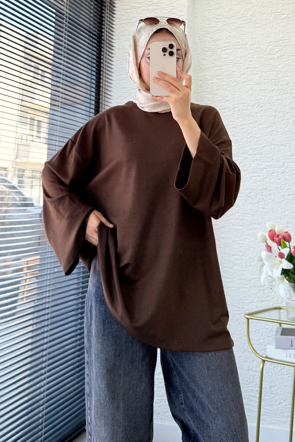 Volan Kol Basic Oversize Tunik – Kahverengi