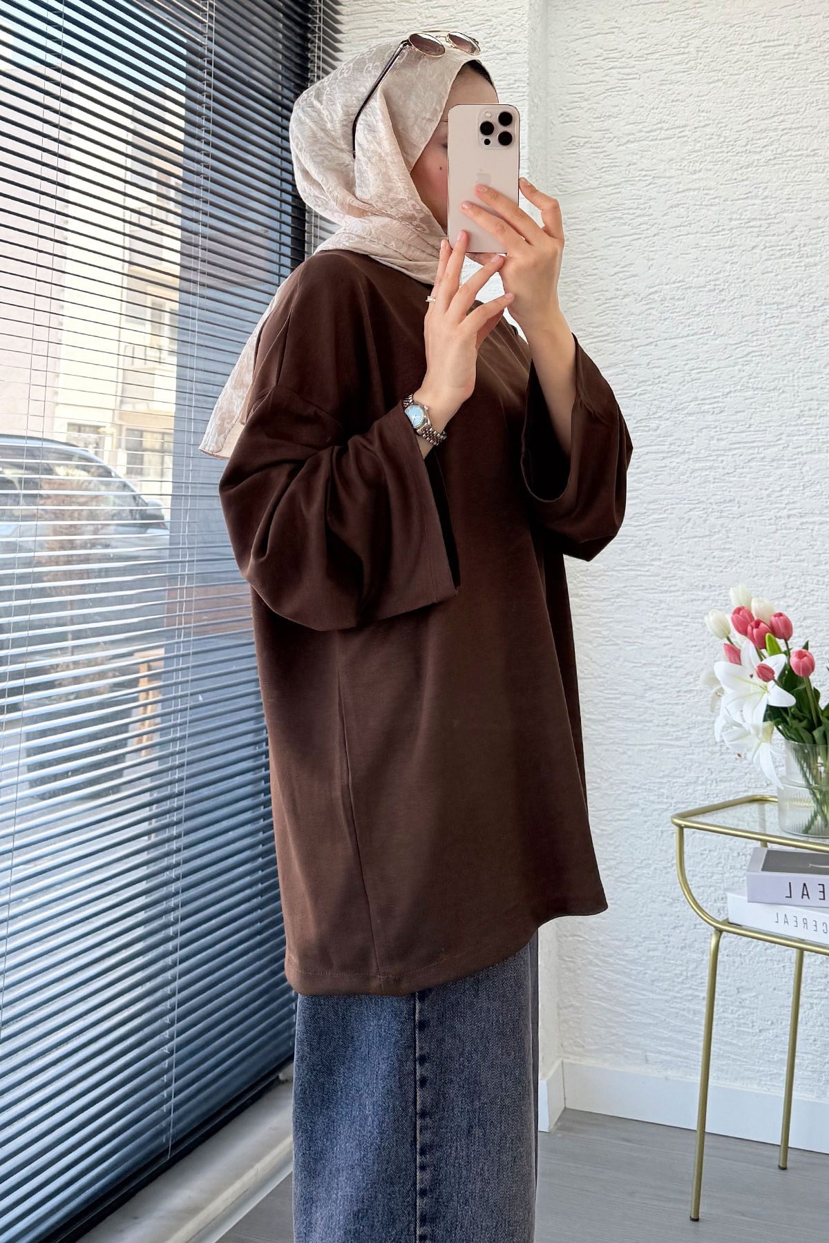 Volan Kol Basic Oversize Tunik – Kahverengi