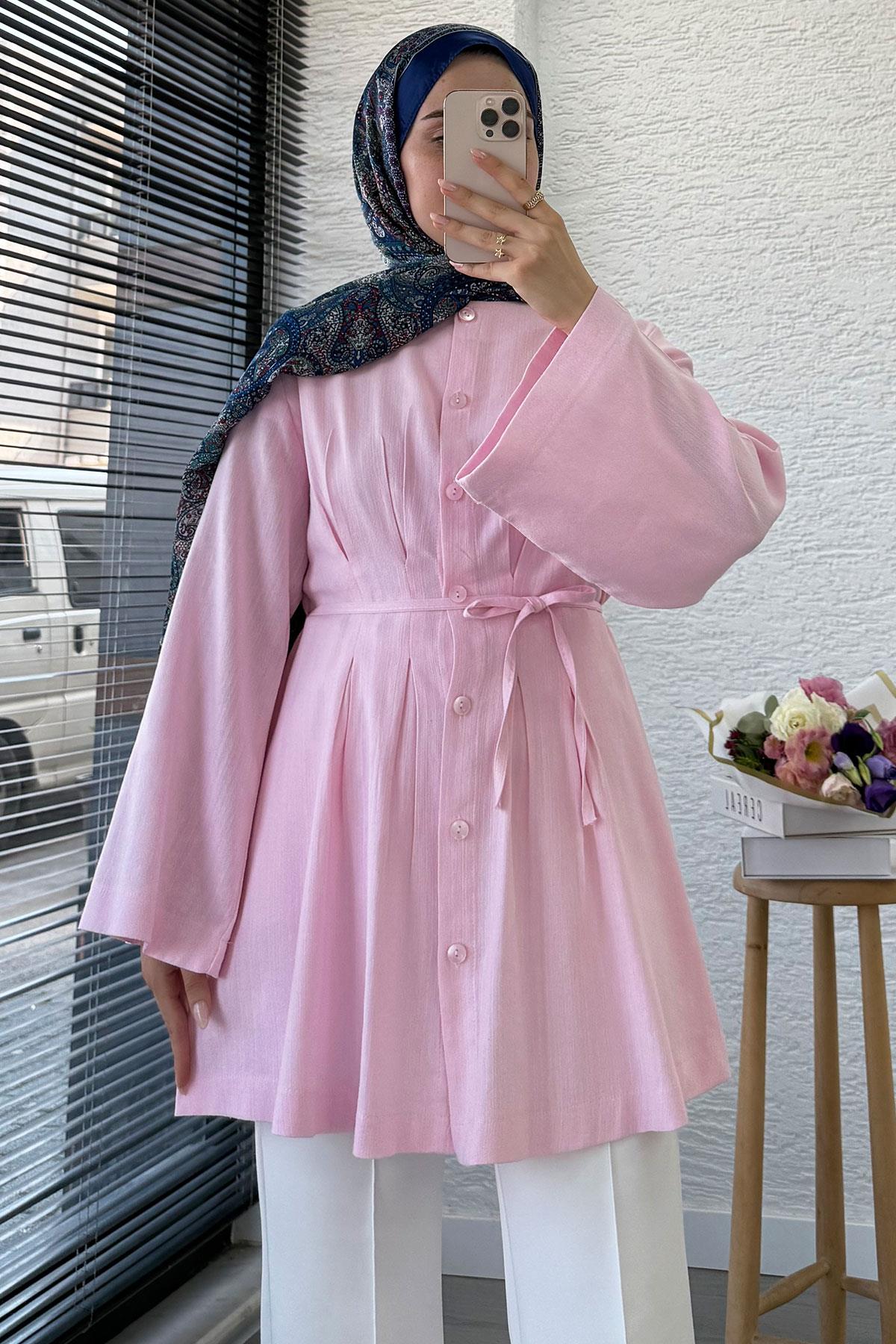 Volan Kol Keten Piliseli Tunik - Pembe