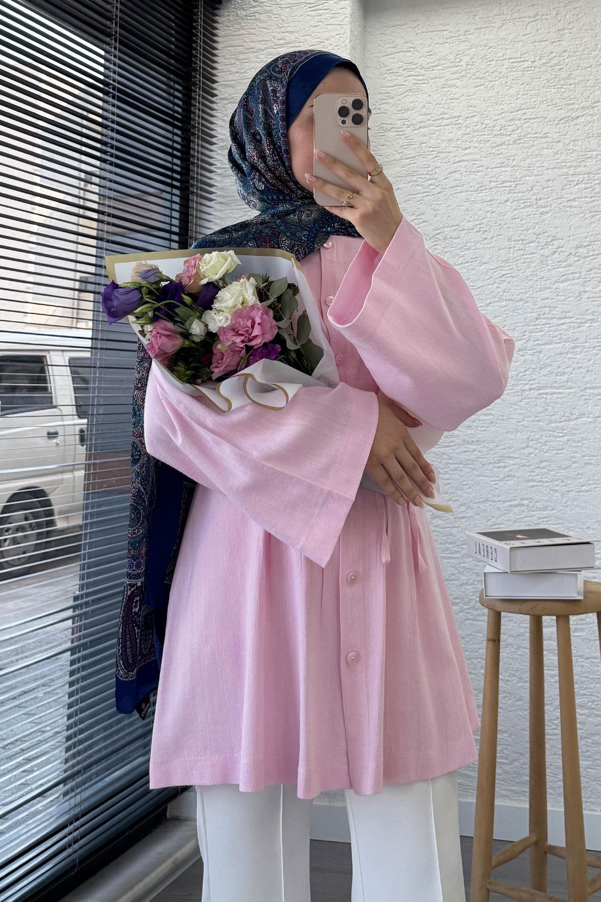 Volan Kol Keten Piliseli Tunik - Pembe
