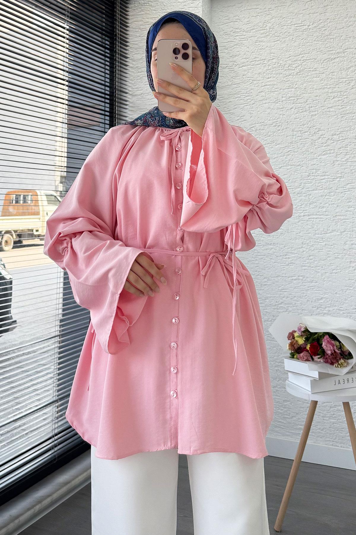 Volan Kol Tam Düğmeli Urla Tunik – Pembe