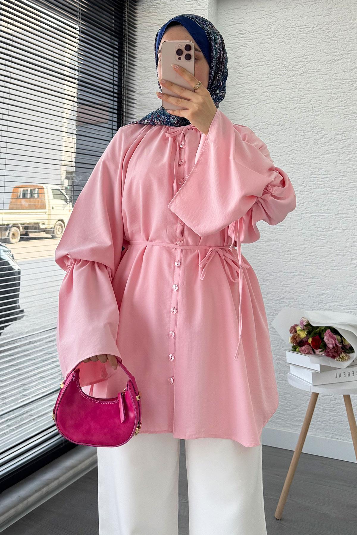 Volan Kol Tam Düğmeli Urla Tunik – Pembe